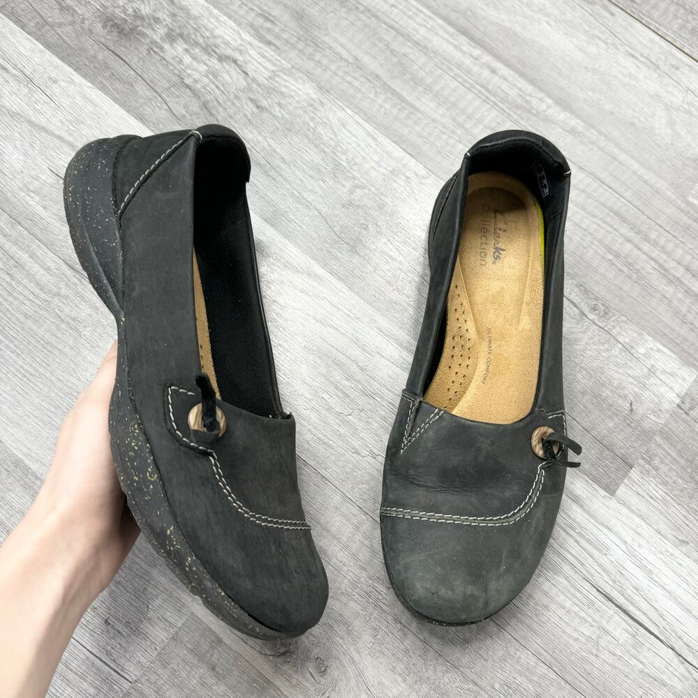 Clarks Women's Roseville Sky Loafer Slip on Flats Black Leather Womens Size 10